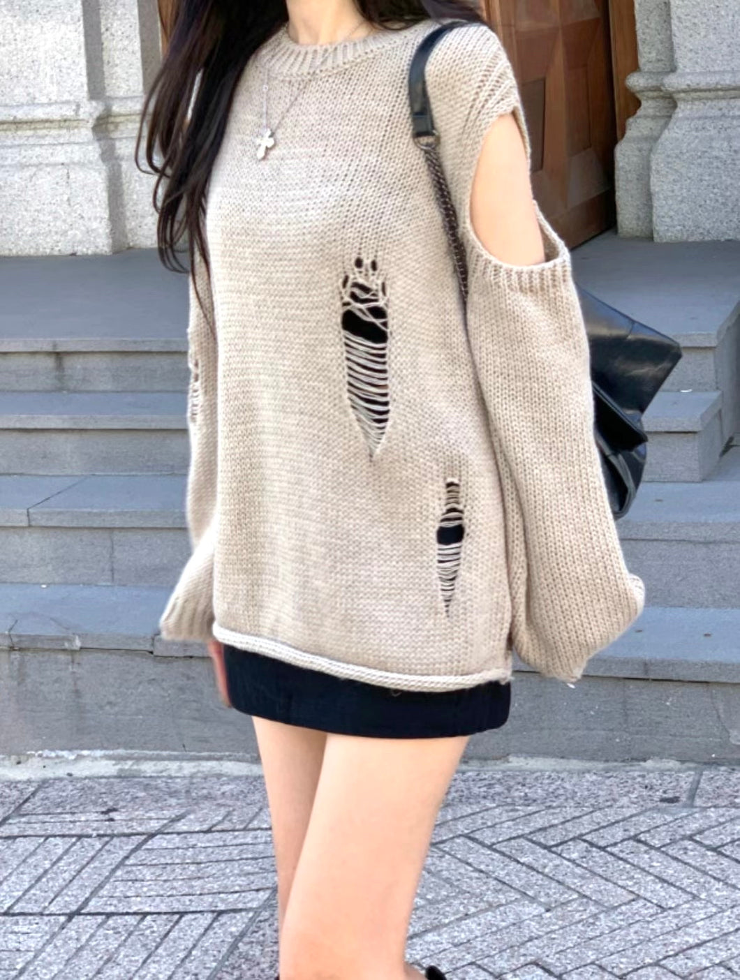 Ripped Shoulder Knit Top